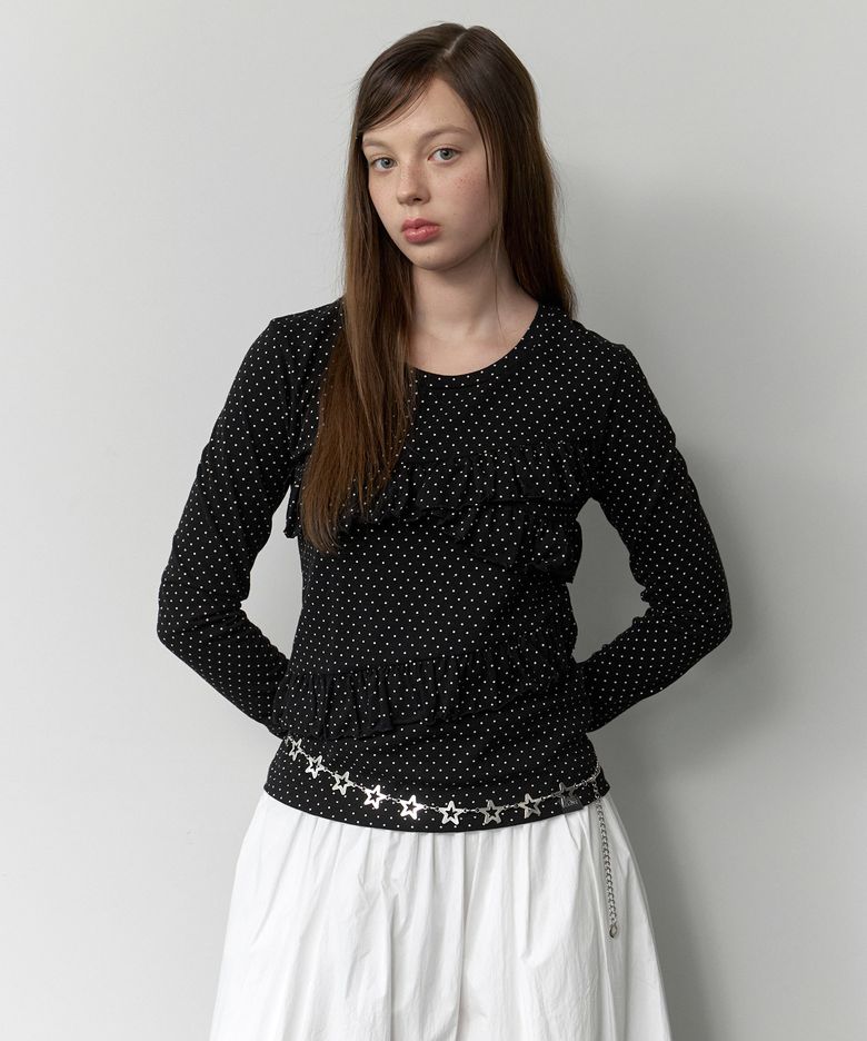 Frill Lace Dot Long Sleeve T-Shirt - black