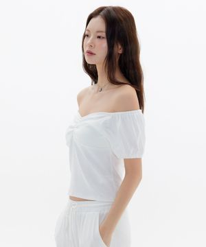 퍼프 셔링 오프숄더 반팔 블라우스 - 화이트