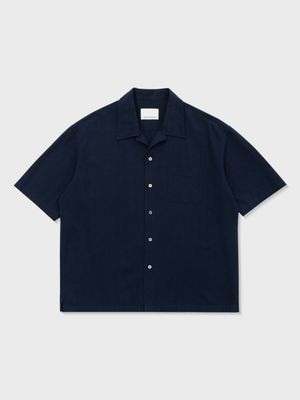 LINEN COTTON POPLIN CUBAN SHIRT (NAVY)