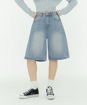 사이드 핀턱 와이드 5부 하프데님 팬츠 유니섹스 (연청)