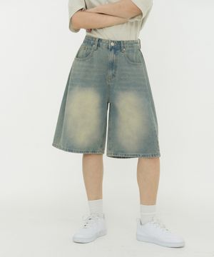 사이드 핀턱 와이드 5부 하프데님 팬츠 유니섹스 (중청)