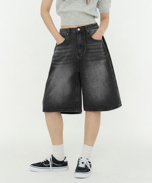 사이드 핀턱 와이드 5부 하프데님 팬츠 유니섹스 (블랙)