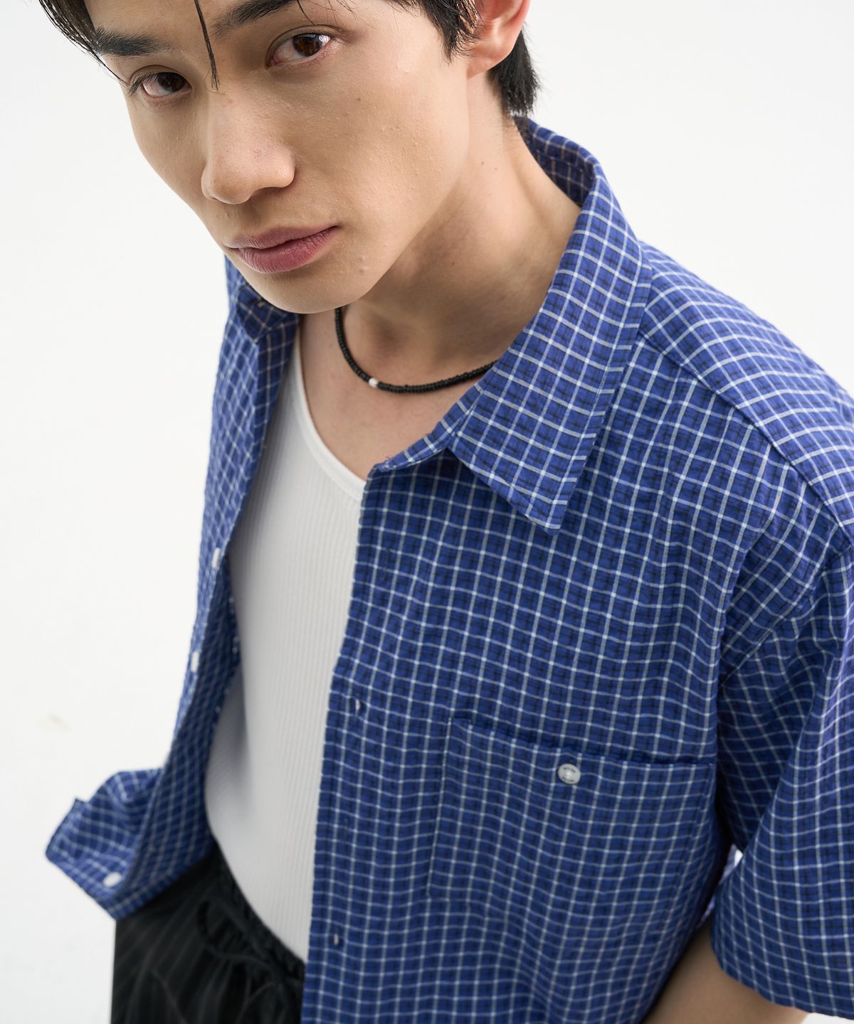 트립르센스(TRIP LE SENS) 워셔블 레이어드 체크 하프 셔츠_글레이셔 블루
