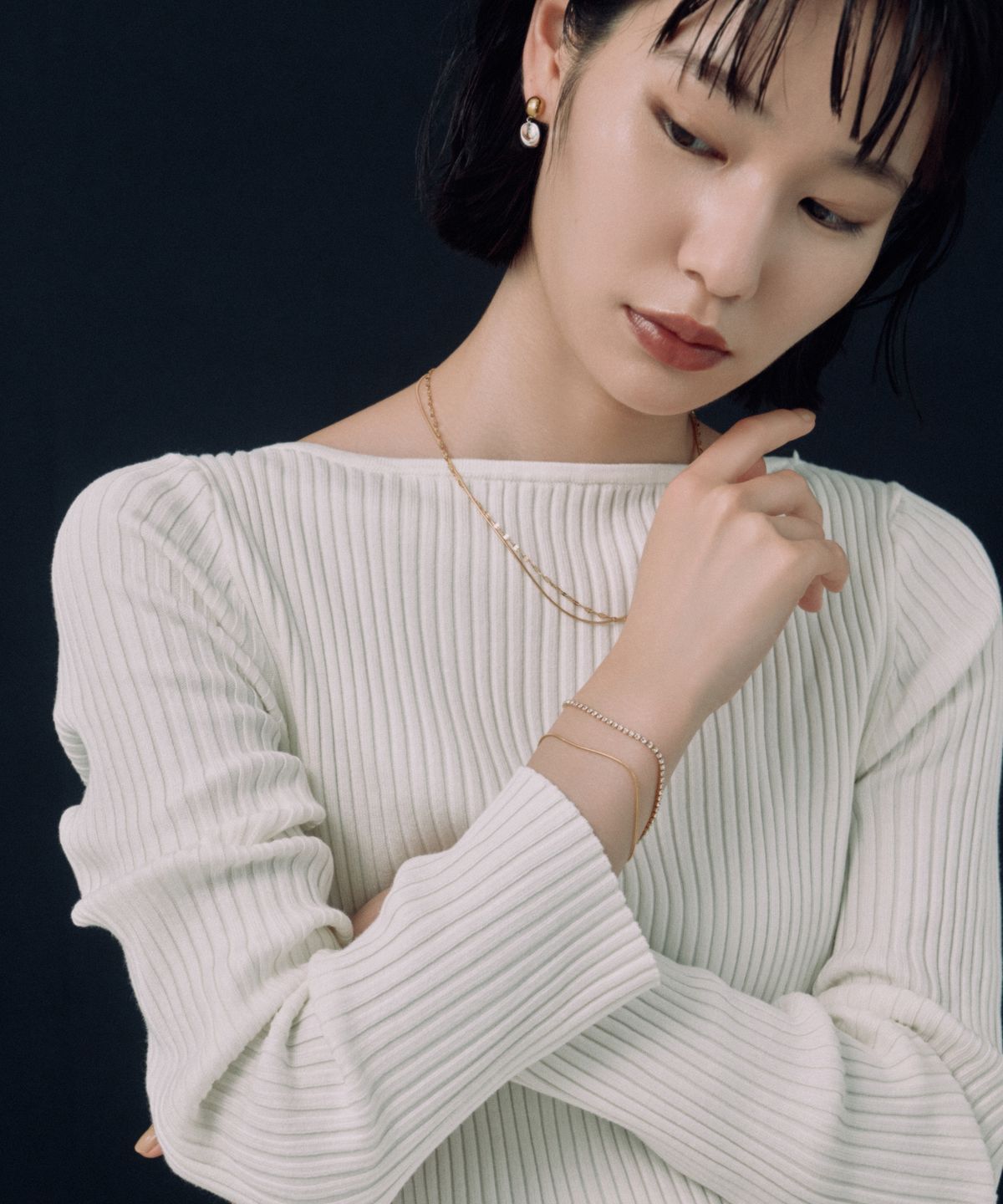 노비스도쿄(NOVICE TOKYO) 큐빅 & 라운드 체인 팔찌 CZ & Round Chain Bracelet［Stainless］/ Gold
