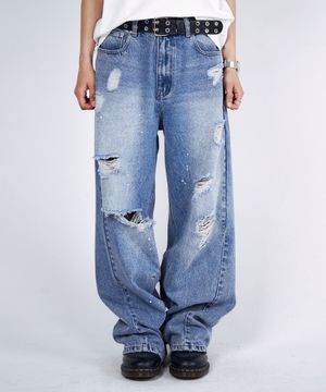 디스트로이드 와이드 데님 팬츠 [블루]