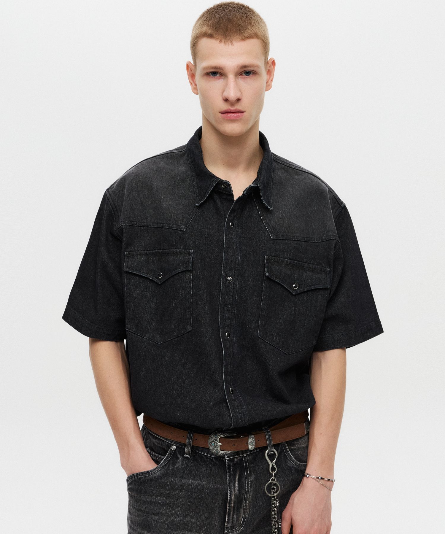 MUSINSA | DNSR Western Half Denim Shirt Black