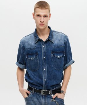 웨스턴 하프 데님 셔츠 블루