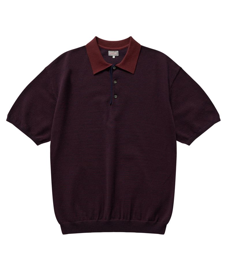 Half-Open Collar Short-Sleeved Stripe Knit (Navy)