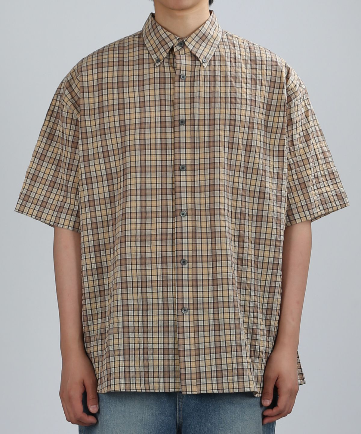 베리베인(VERYVAIN) STAINED CHECK OVER SHIRT (BEIGE)