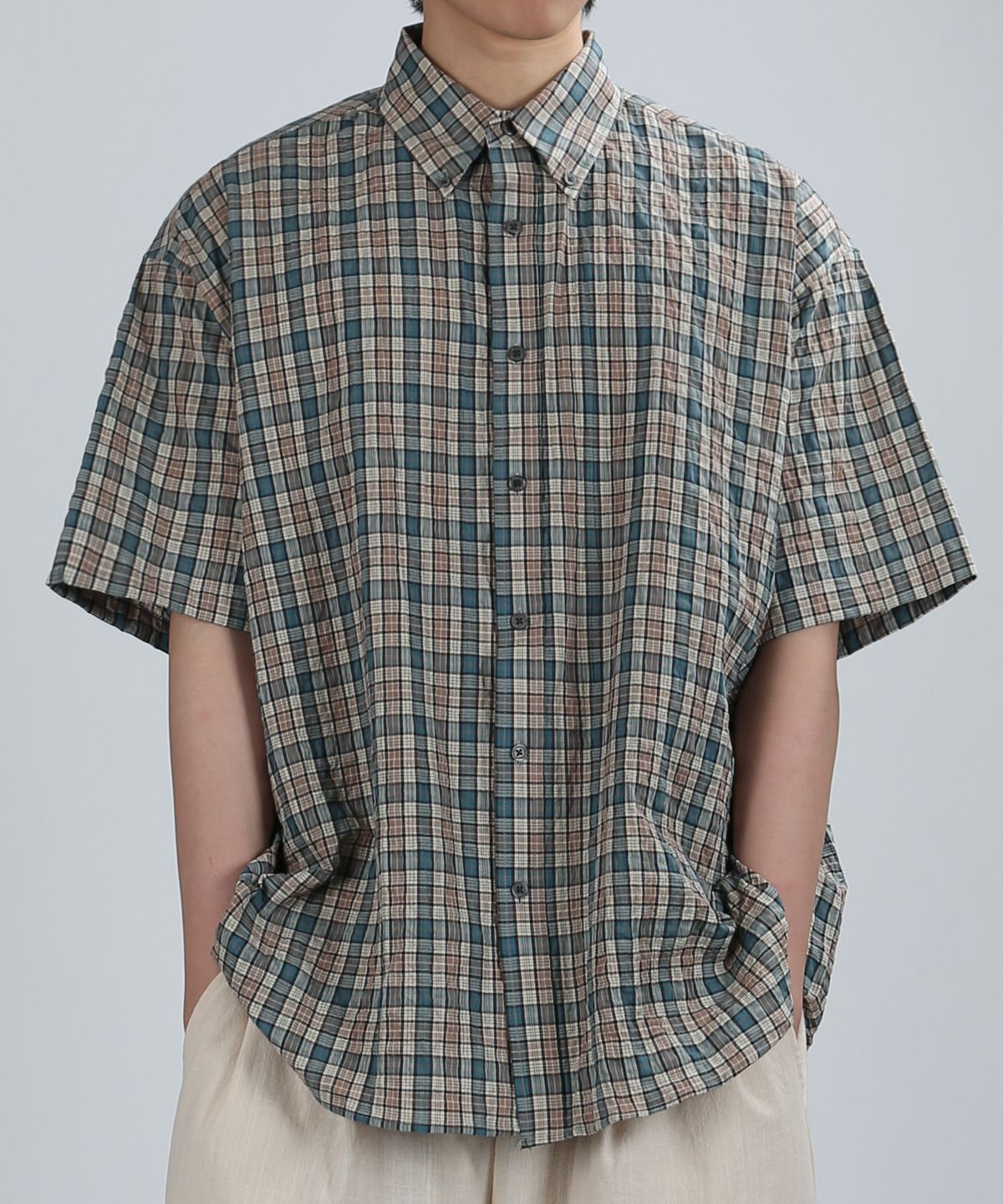 베리베인(VERYVAIN) STAINED CHECK OVER SHIRT (GREEN)