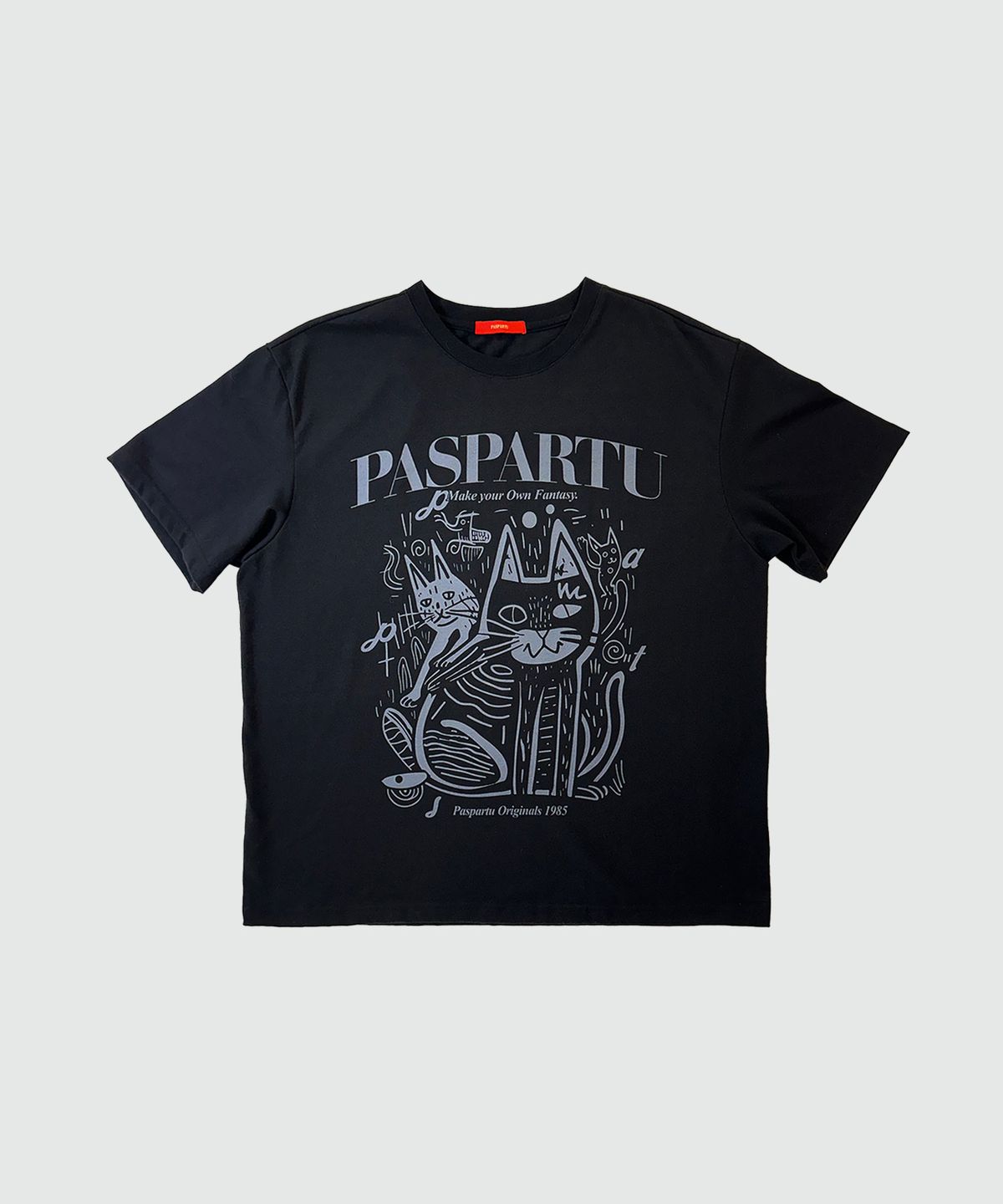 파스파르투(PASPARTU) 두들 캣츠 그래픽  반팔 티셔츠 블랙