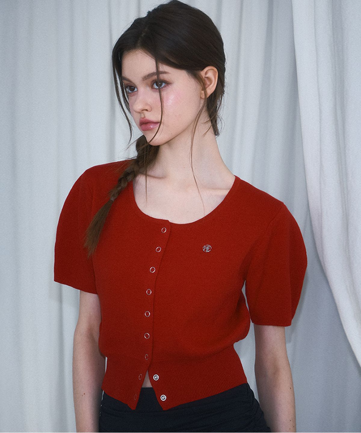 로제프란츠(ROSEFRANTZ) Eyelet Half Sleeve Cardigan [Rose Red]