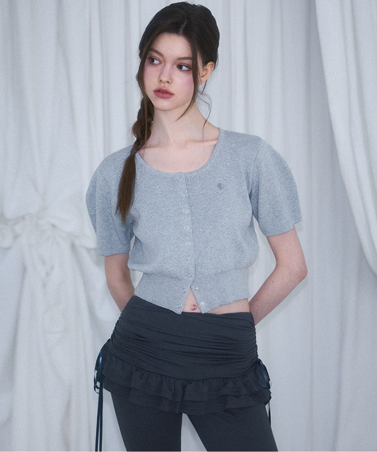 로제프란츠(ROSEFRANTZ) Eyelet Half Sleeve Cardigan [Gray]