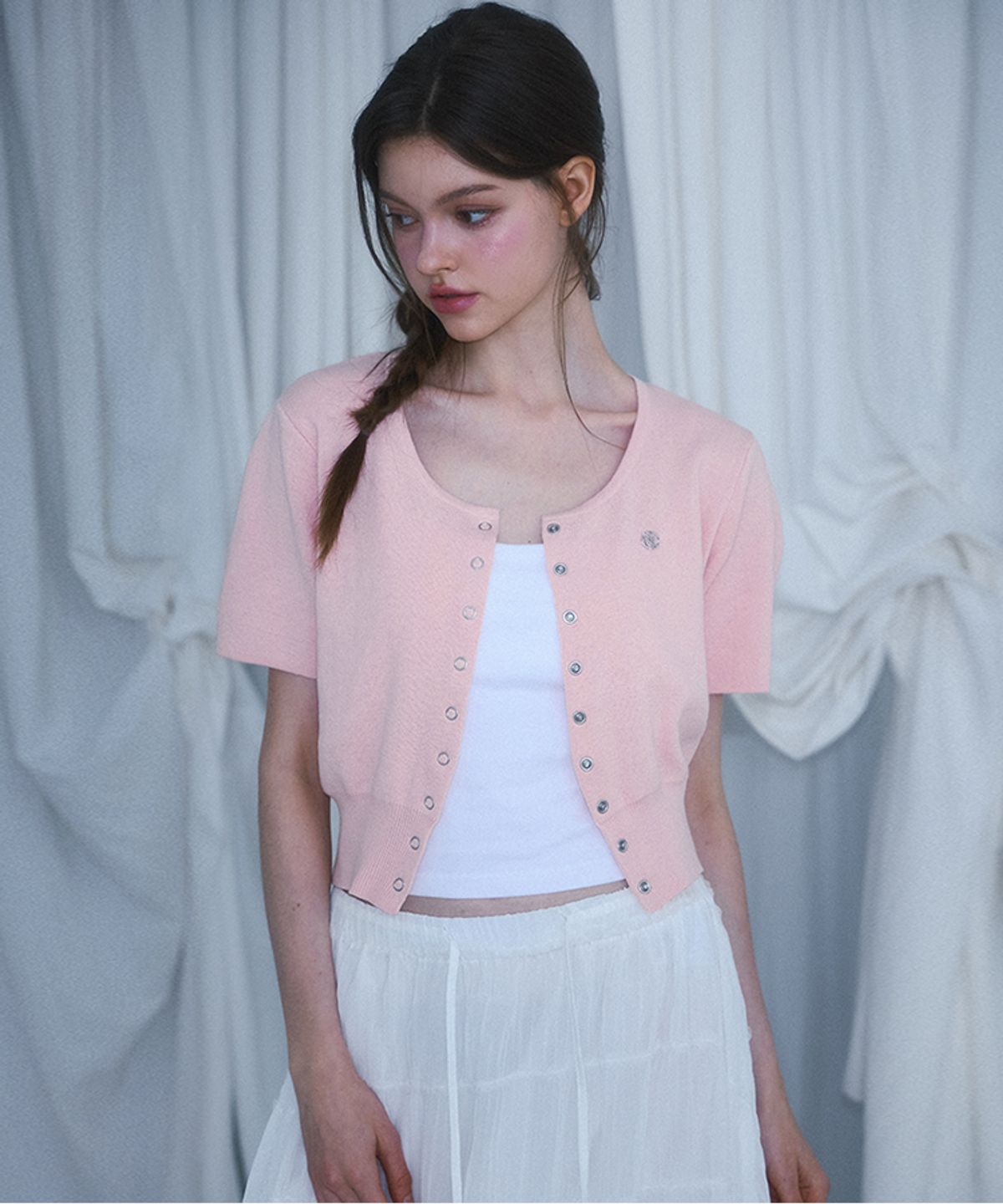 로제프란츠(ROSEFRANTZ) Eyelet Half Sleeve Cardigan [Pink]