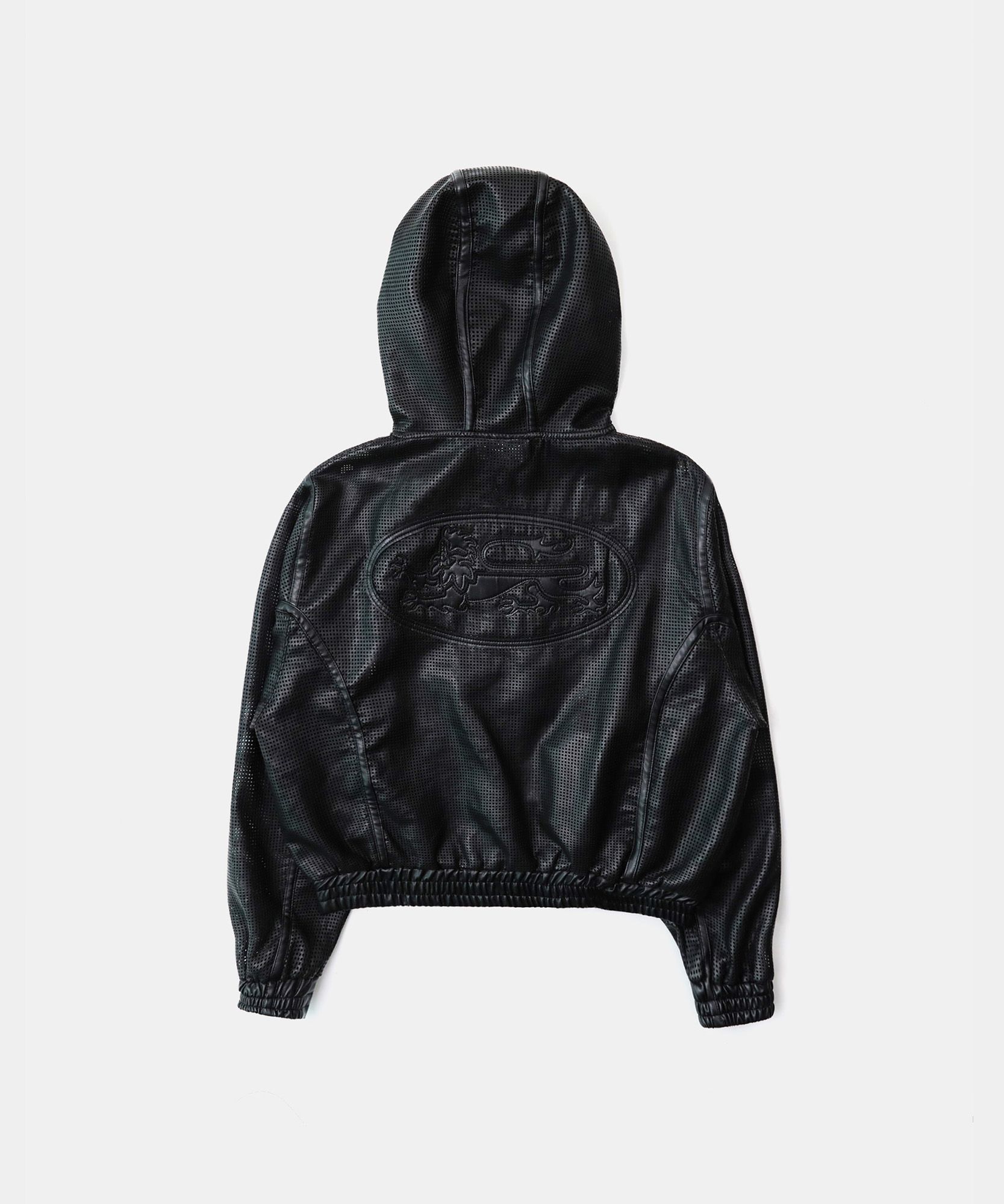 MUSINSA | BADBLOOD Perforated Leather Hooded Zip-Up - Black