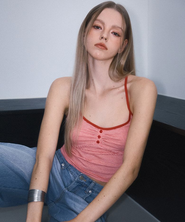 Stripe Button Sleeveless [Rose Red]
