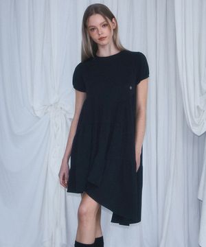 Unbalance shirring Mini Dress [Black]