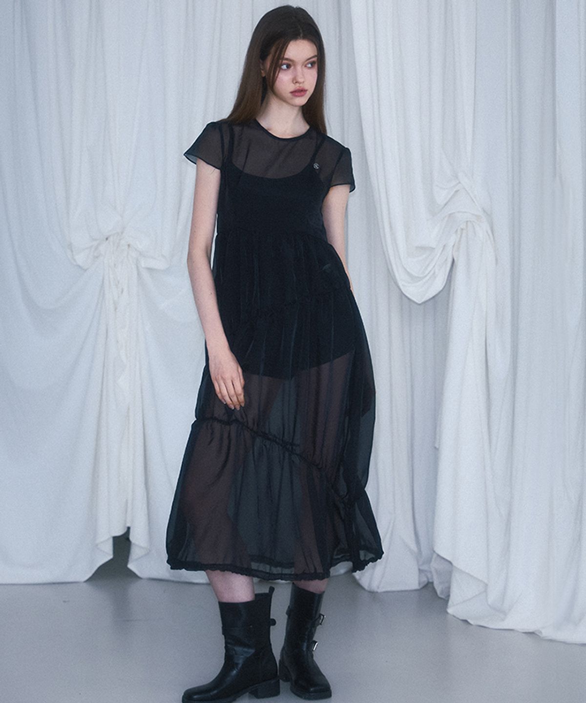 로제프란츠(ROSEFRANTZ) Sheer Layered Shirring Dress [Black]