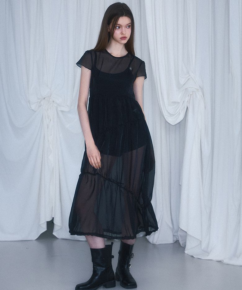 Sheer Layered Shirring Dress [Black]
