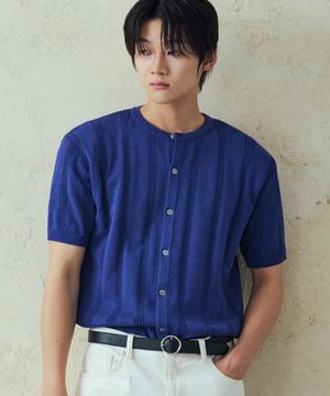 골지 라운드 반팔 가디건 [블루]