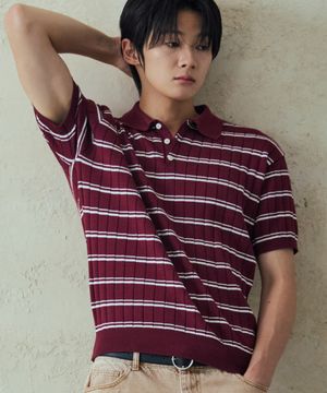 카라 블럭 스트라이프 반팔 니트 [버건디]