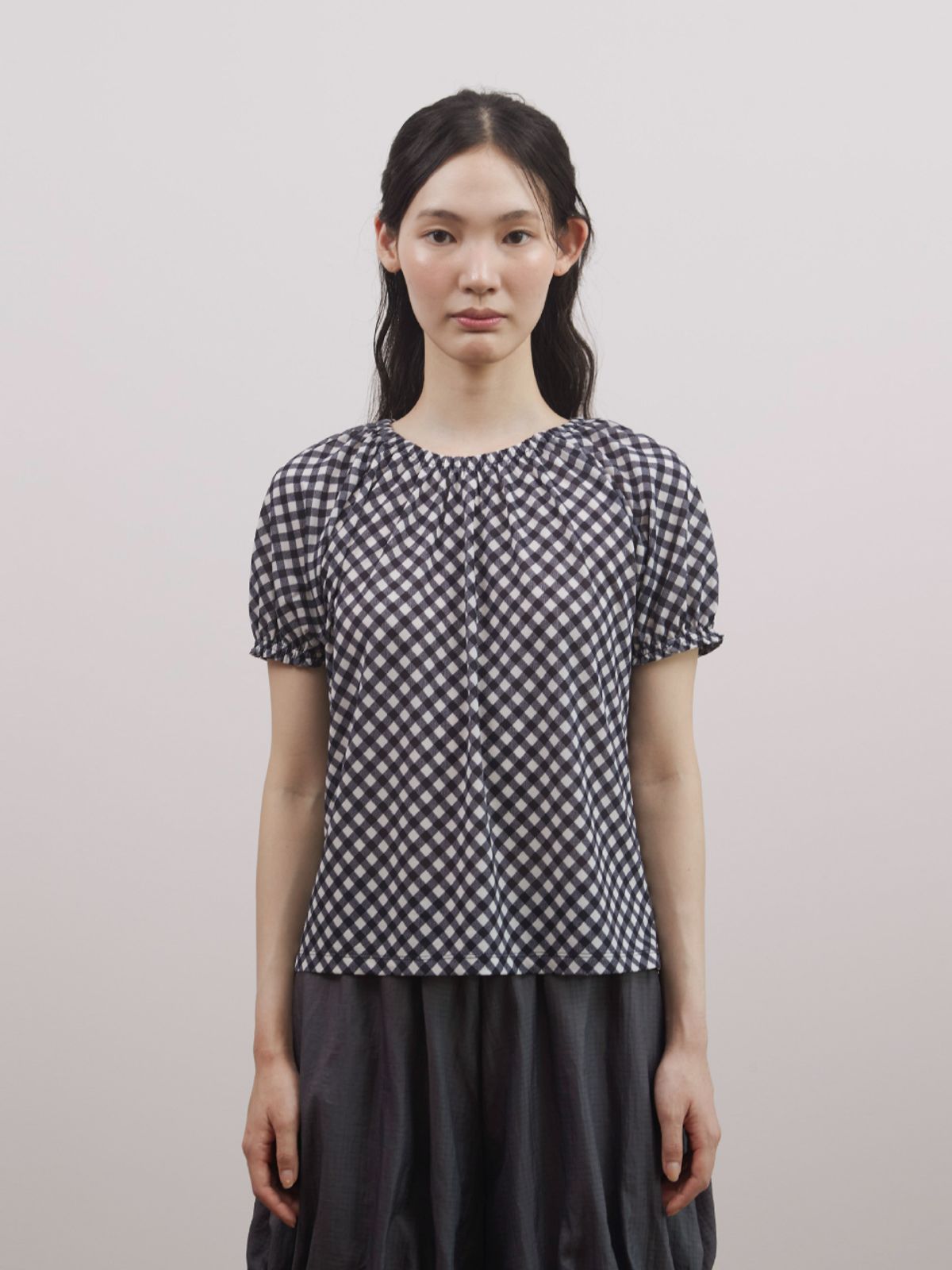피브스피브스(PEEVES PEEVES) Shirred Check Top / Navy