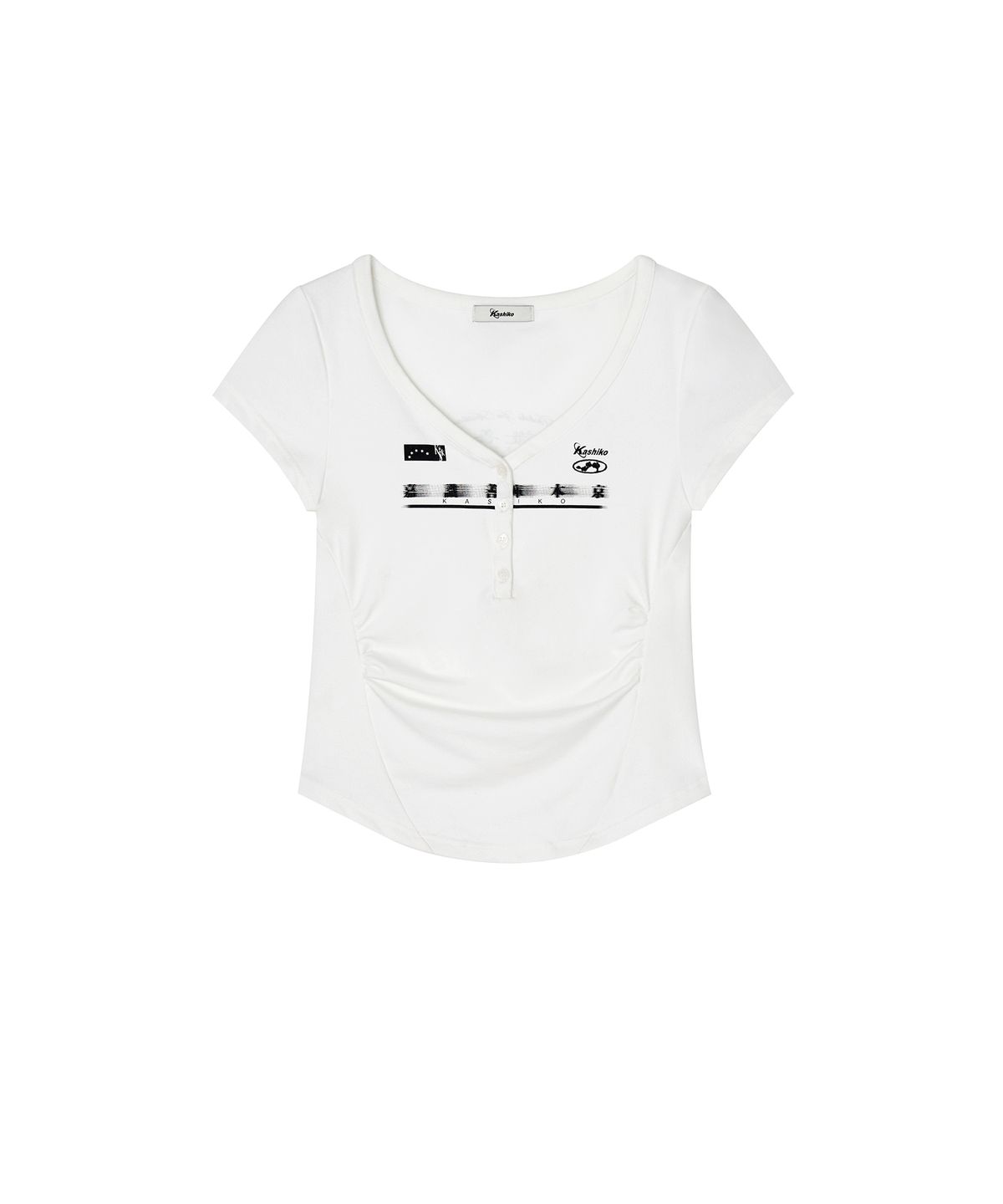 카시코(KASHIKO) Zen Button Henley Neck Top White