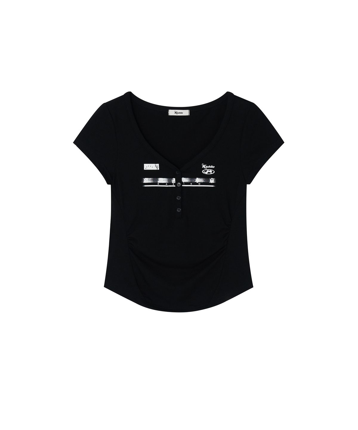 카시코(KASHIKO) Zen Button Henley Neck Top Black