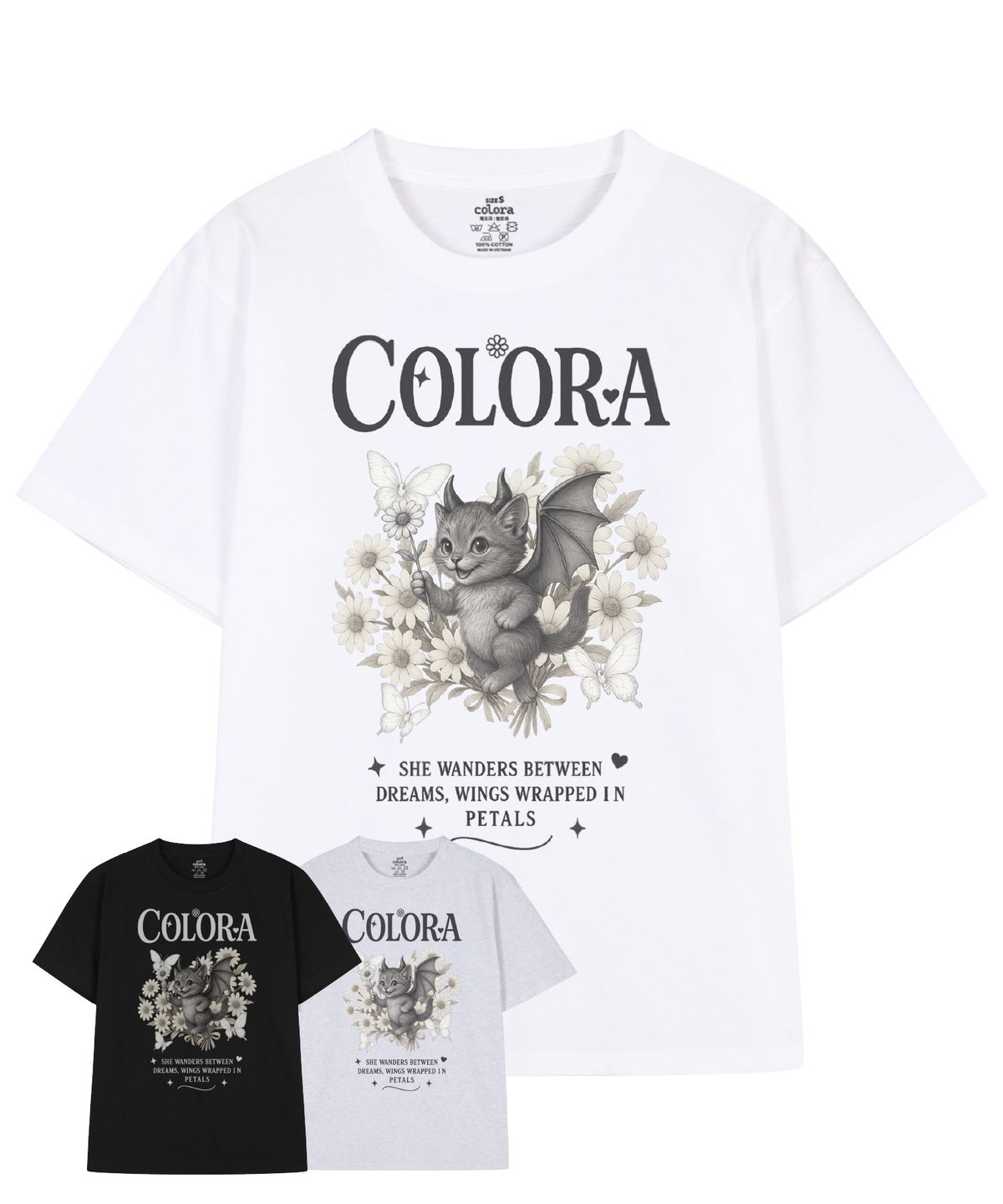 컬로라(COLORA) 데몬 캣 위드 플라워즈 반팔 티셔츠 (3color)