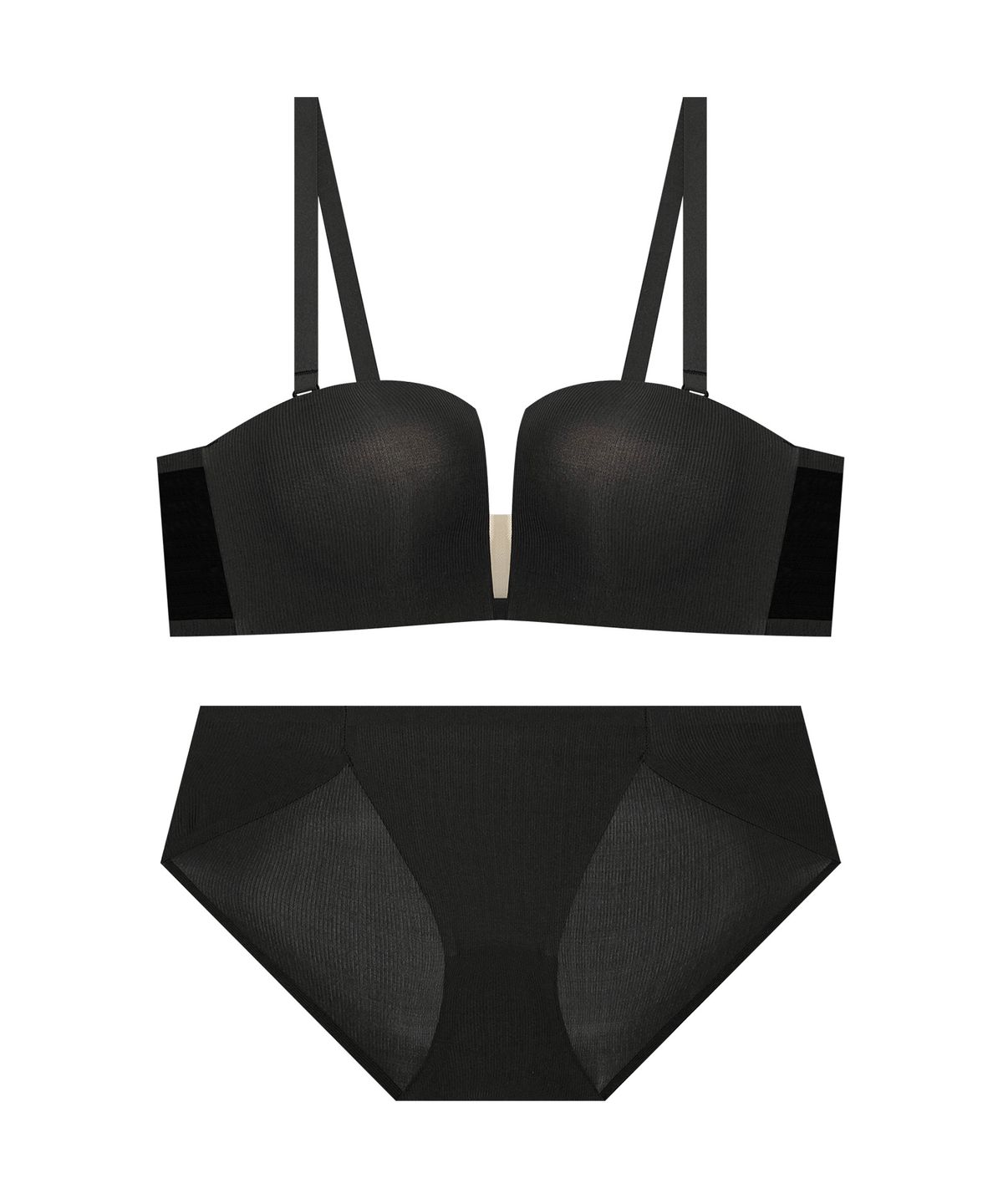 엘르이너웨어(ELLE INNERWEAR) 스퀘어 반컵 볼륨 브라 팬티 세트 - 블랙