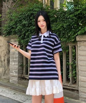 스트라이프 카라 반팔 티셔츠 / 스트라이프 네이비