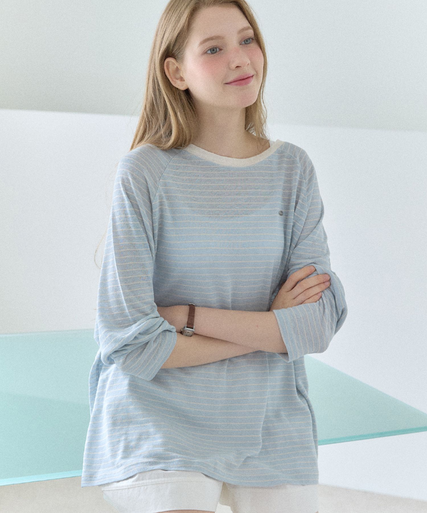 MUSINSA | OURHOPE Linen Sheer Stripe Raglan T-Shirt - Sky Blue
