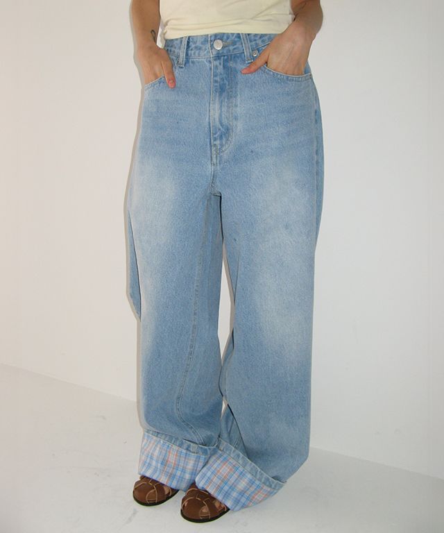 ● RONRON ● PATCH ROLL UP DENIM PANTS LIGHT BLUE CHECK MUSINSA | RONRON PATCH ROLL UP DENIM PANTS LIGHT BLUE CHECK