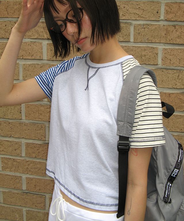 Tシャツ・カットソー RONRON MULTI STRIPE STITCH RAGLAN T SHIRT SOFT YELLOW RR25BS 7/4 순차배송] MULTI STRIPE STITCH RAGLAN T SHIRT SOFT YELLOW