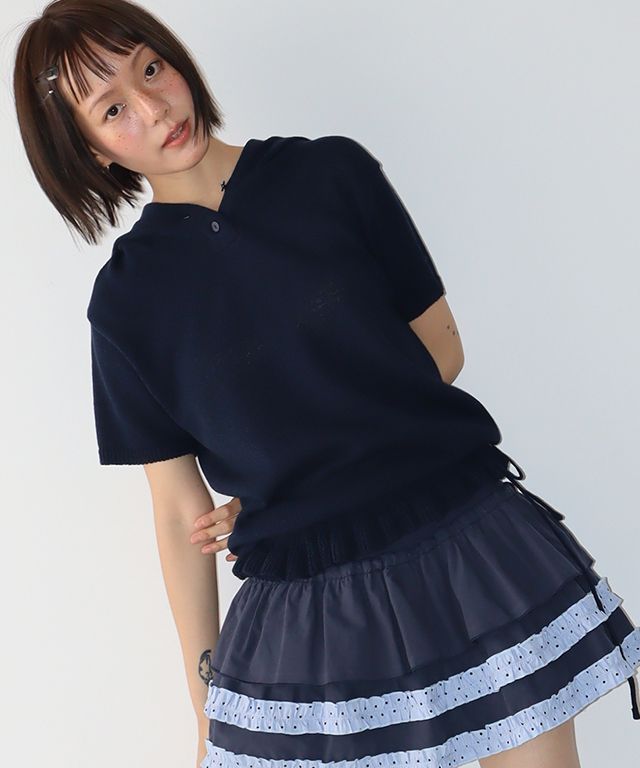 BUTTON HOODED FRILL HALF SLEEVE KNIT NAVY