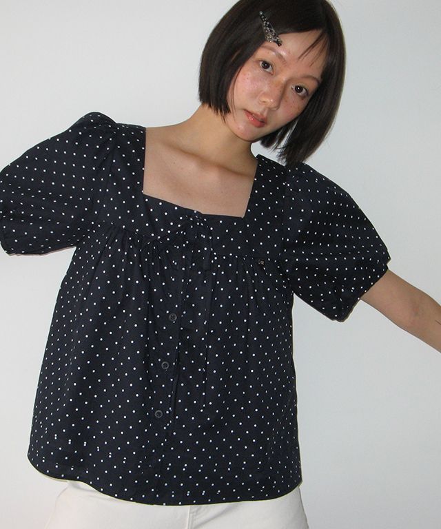 TIE DETAIL BUTTON BLOUSE NAVY DOT