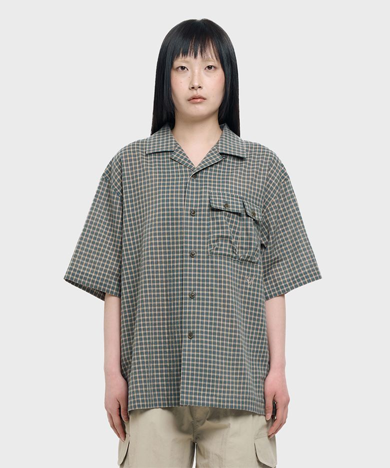 체크 오픈 카라 셔츠 블루