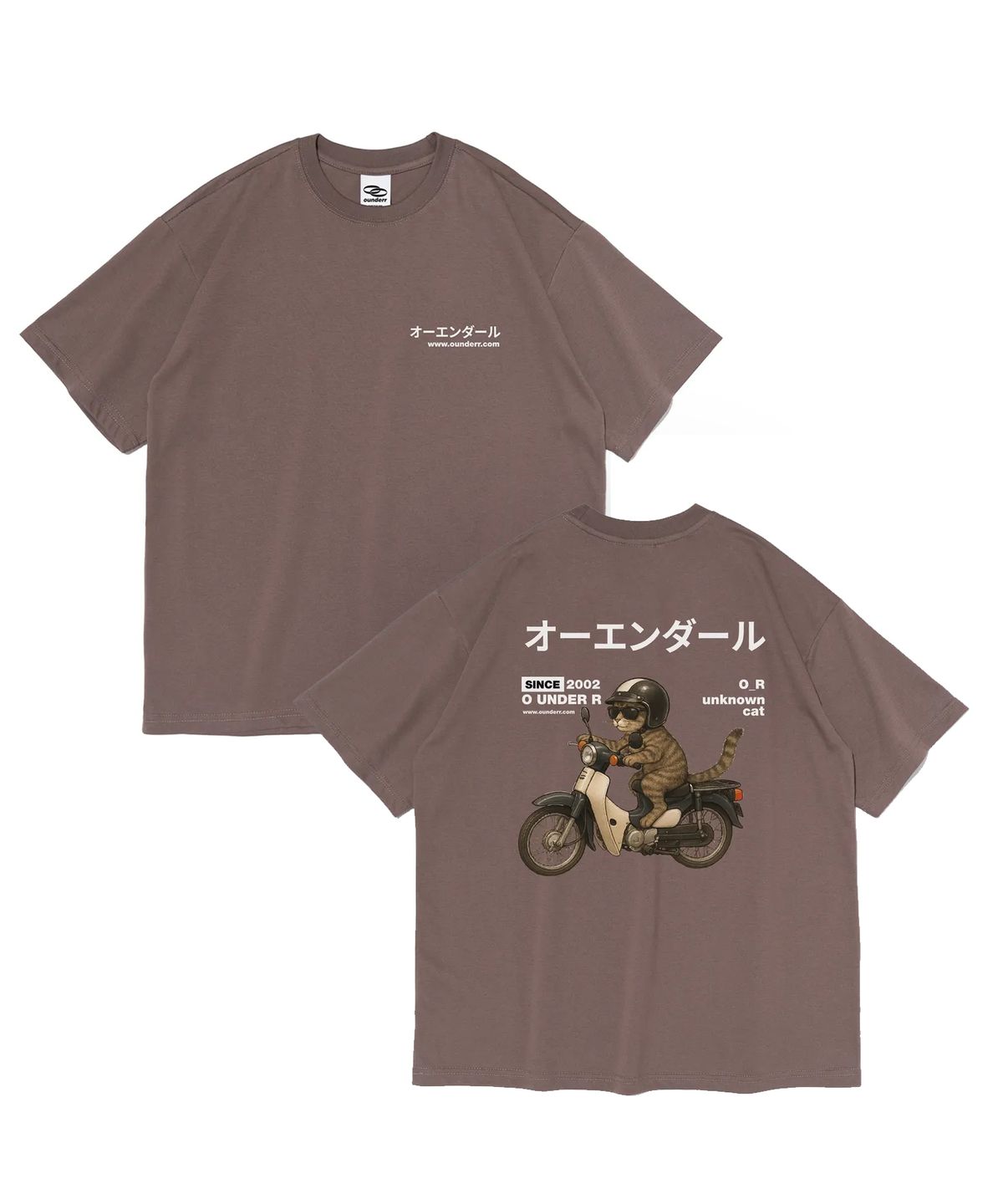 오언더알(OUNDERR) RIDING BIKE CAT 오버핏 반팔 티셔츠 (모카)