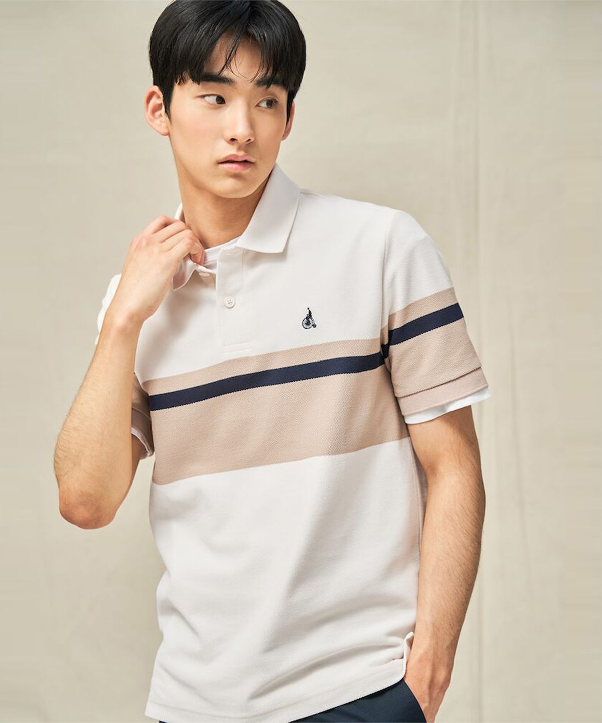빈폴 멘(BEANPOLE MEN) 컬러블럭 칼라넥 반소매 티셔츠  아이보리