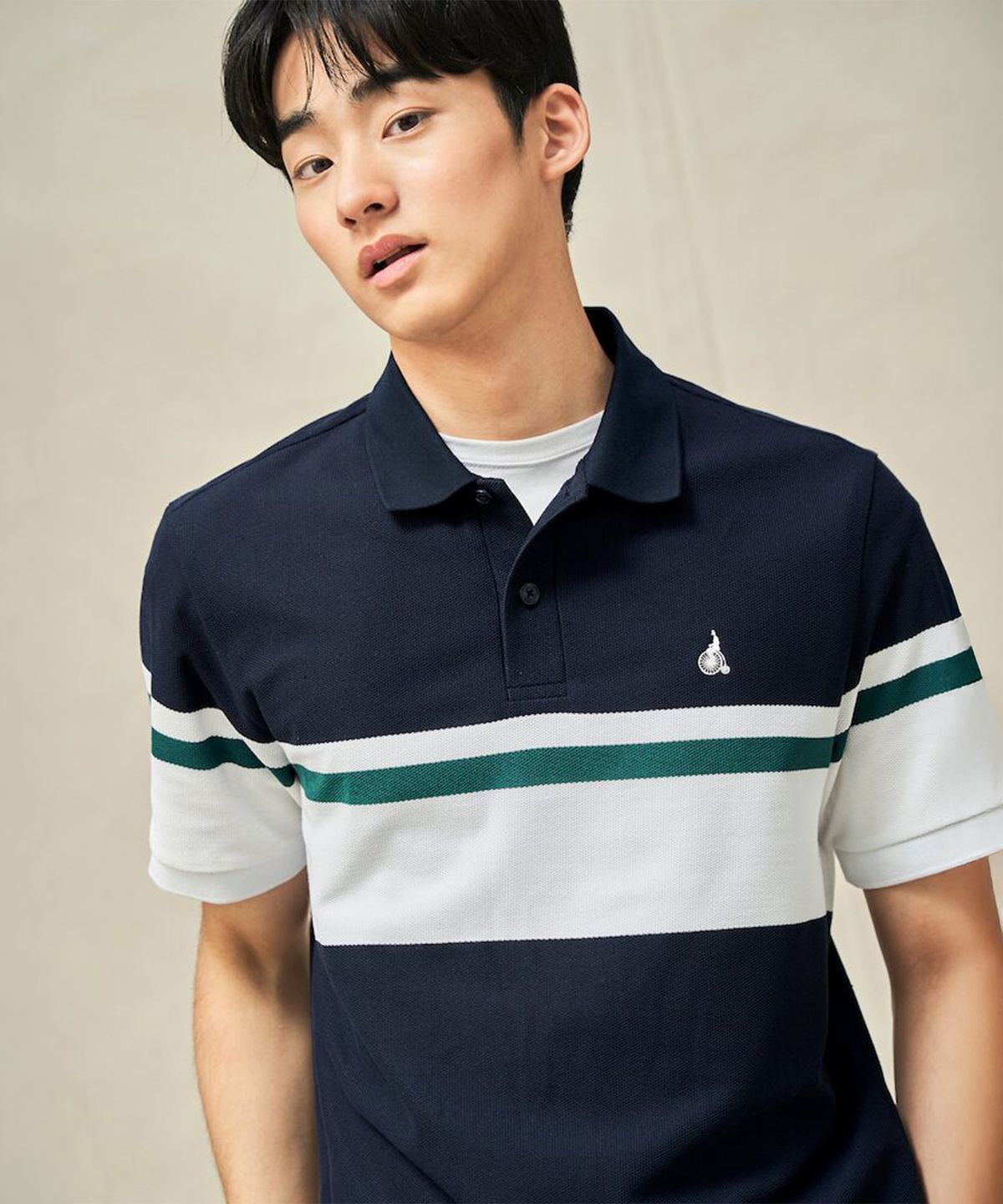 빈폴 멘(BEANPOLE MEN) 컬러블럭 칼라넥 반소매 티셔츠  네이비