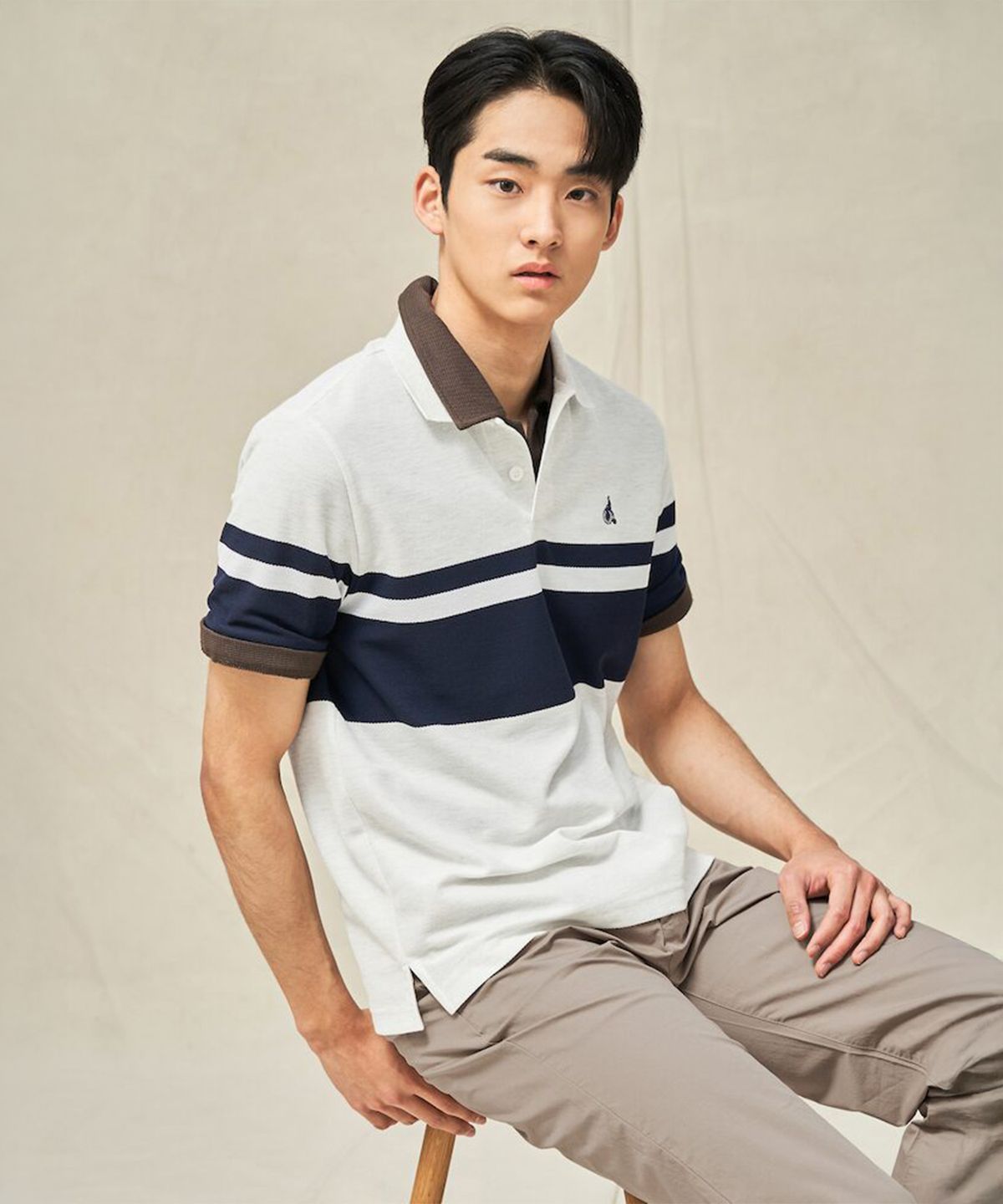 빈폴 멘(BEANPOLE MEN) 컬러블럭 칼라넥 반소매 티셔츠  라이트 그레이