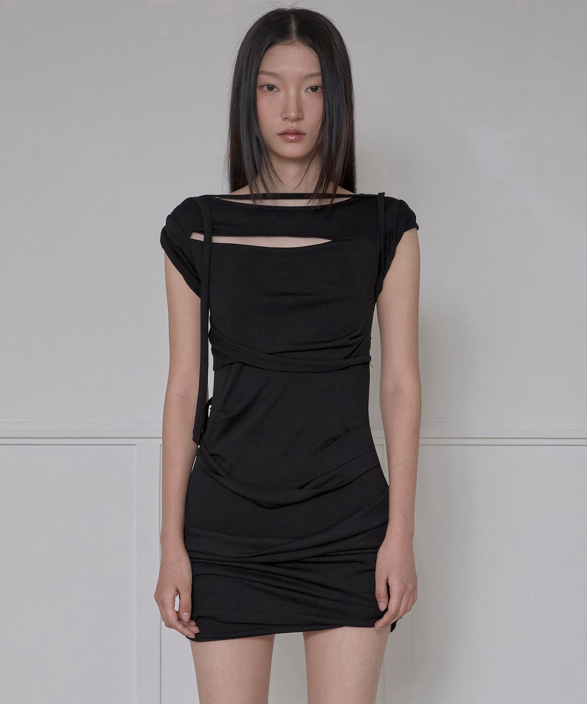 플레어업(FLAREUP) Asymmetrical Draped Strap Roll-Up Dress (FL-171_Black)