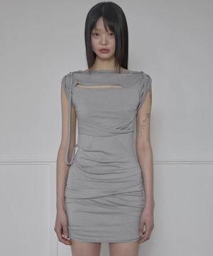 Asymmetrical Draped Strap Roll-Up Dress (FL-171_Gray)