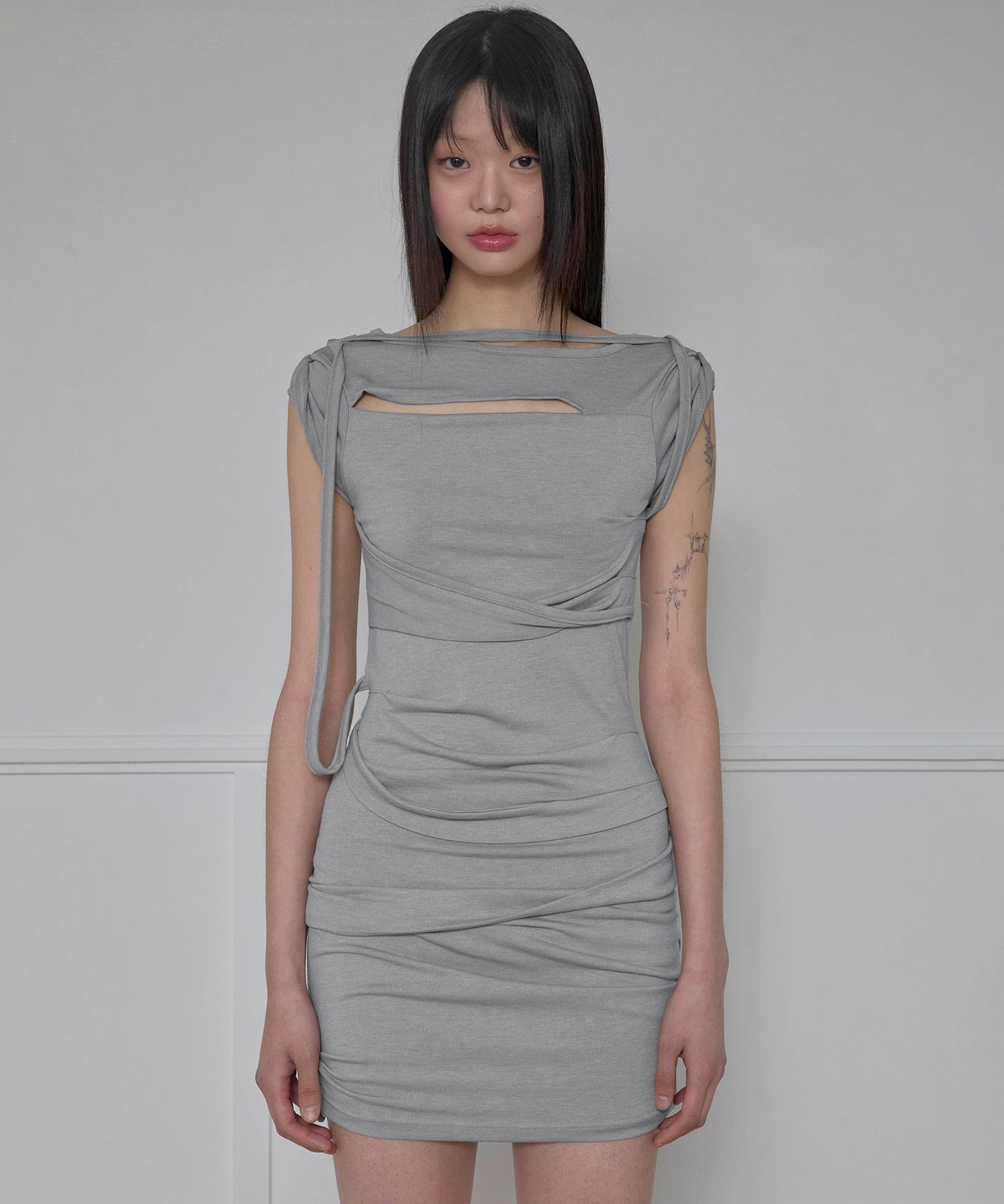 플레어업(FLAREUP) Asymmetrical Draped Strap Roll-Up Dress (FL-171_Gray)