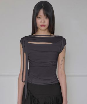 Asymmetrical Draped Strap Roll-Up T-Shirt (FL-170_Charcoal)