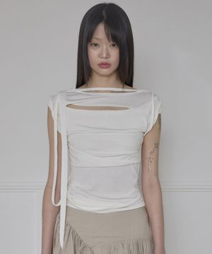 Asymmetrical Draped Strap Roll-Up T-Shirt (FL-170_Cream)