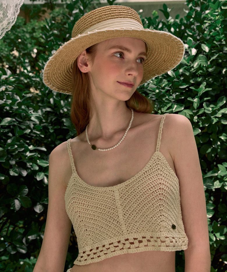 Line Point Rattan Boater Hat - Light Beige
