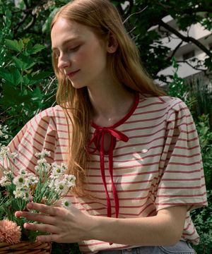 Ribbon Stripe Puff Sleeve T-shirt - Red