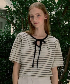 Ribbon Stripe Puff Sleeve T-shirt - Black