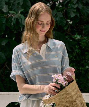 Multi Stripe Over-fit Collar T-shirt - Light Blue